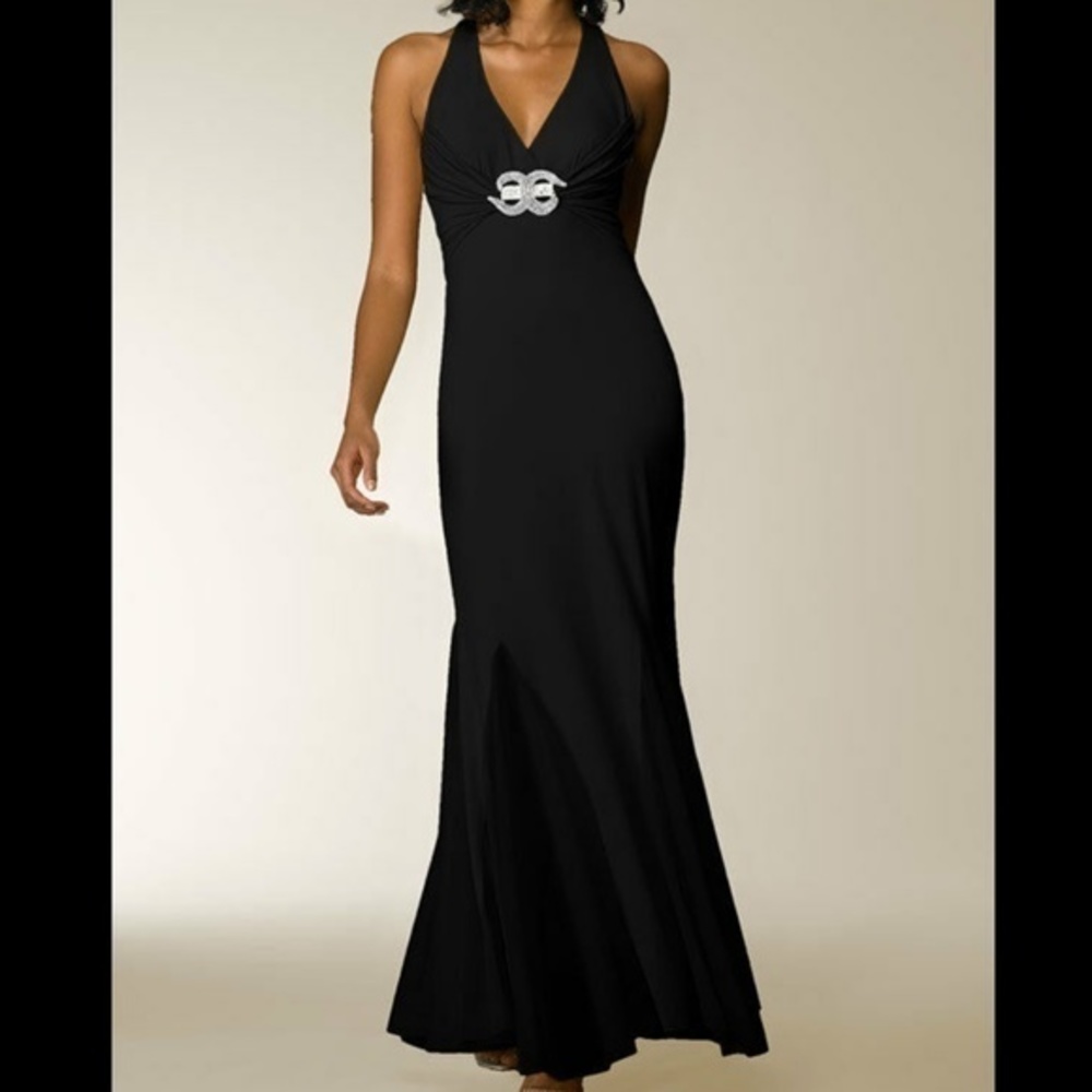 Cache Black Evening Gown with Rhinestone Brooch